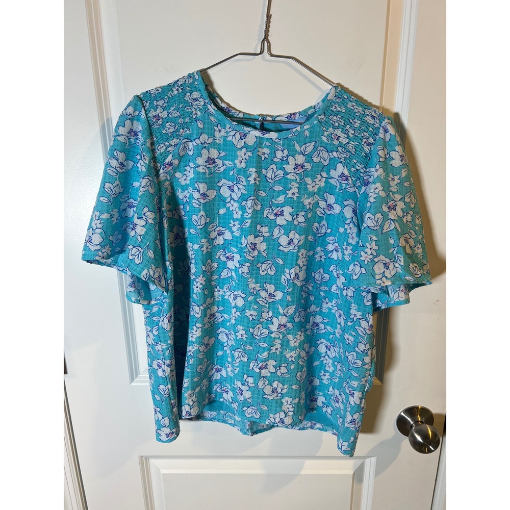 Draper James Womens Blouse Smocked Shoulder‎ Floral Blue XL